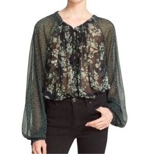 Free People Green Sheer Hendrix Blouse with Long Sleeves